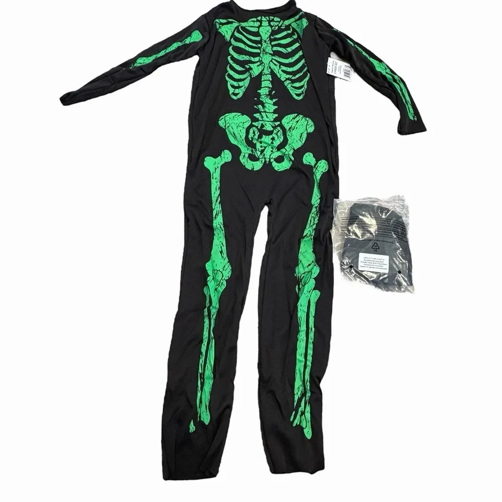 Halloween Skeleton Costume for Kids Bone Outfit Size Small 6/7 Black Phantom NWT